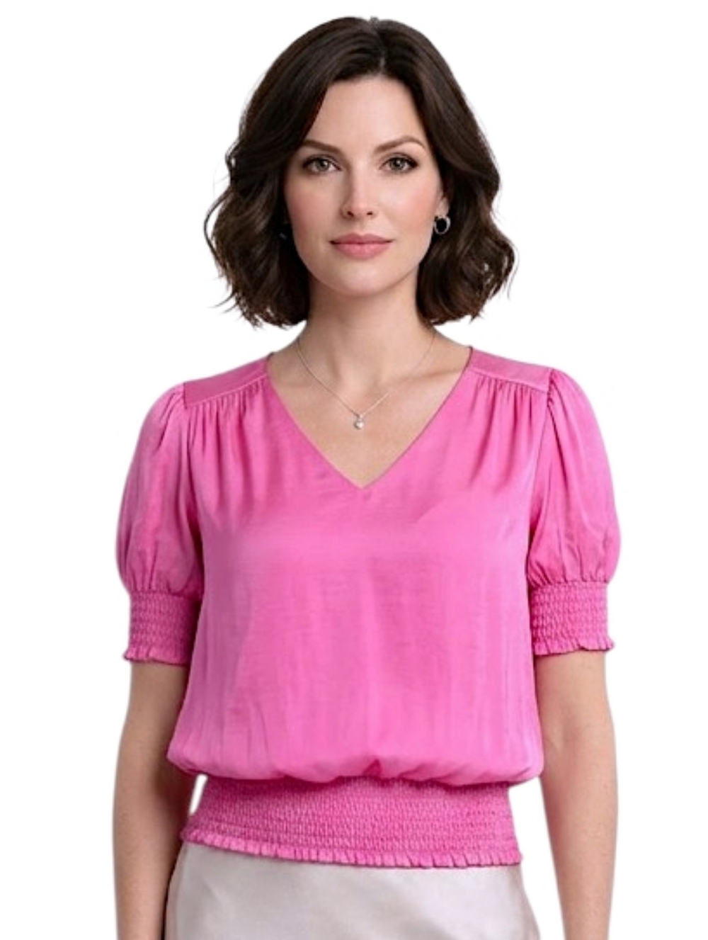 Philosophy Republic Pink V-neck Short Puff Sleeve Smocked Blouse Size M